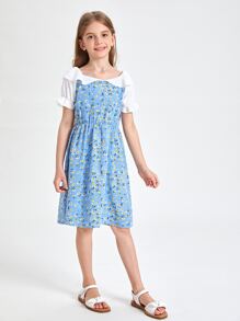 SHEIN Girls Contrast Flounce Sleeve Ruffle Detail Ditsy Floral Dress - Blue - View 3