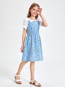 SHEIN Girls Contrast Flounce Sleeve Ruffle Detail Ditsy Floral Dress - Blue - View 4
