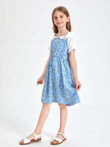 SHEIN Girls Contrast Flounce Sleeve Ruffle Detail Ditsy Floral Dress - Blue - View 5
