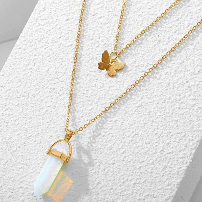 

Stone & Butterfly Pendant Layered Necklace, Gold