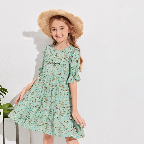 

Girls Flounce Sleeve Ruffle Hem Ditsy Floral Dress, Green