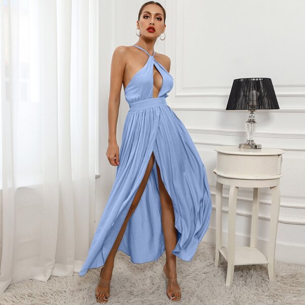 

Tied Open Back High Split Halter Dress, Blue