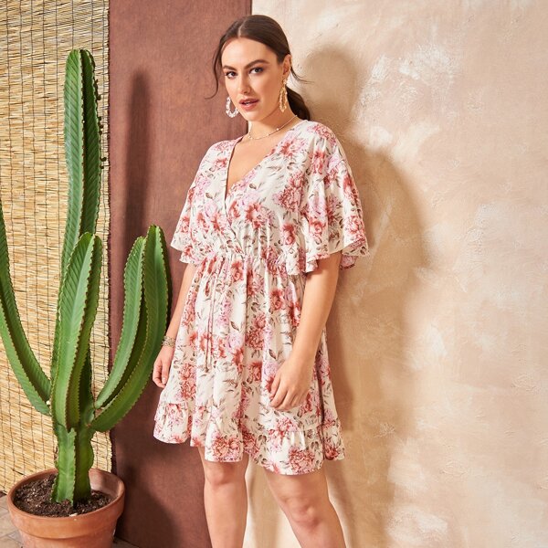 

Plus Butterfly Sleeve Allover Floral Dress, Multicolor