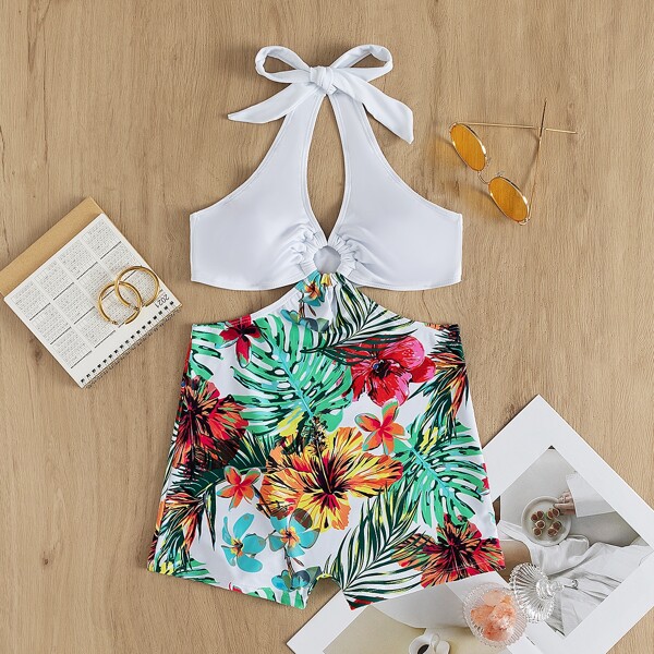 

Tropical Ring Linked Halter One Piece Swimsuit, Multicolor