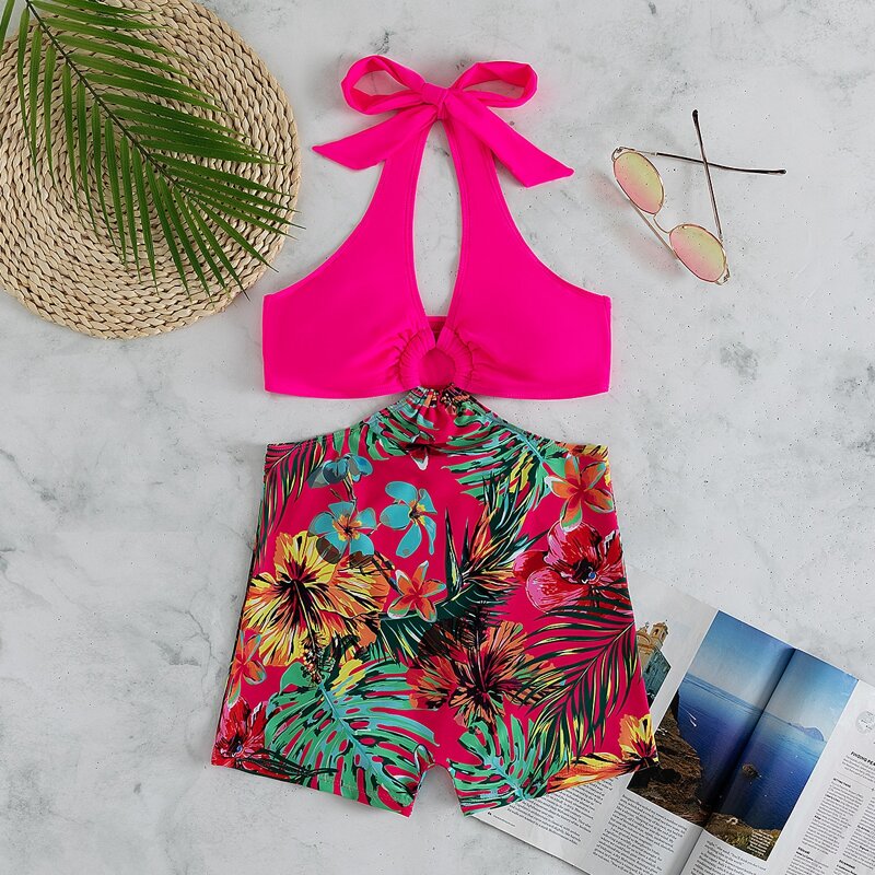 

Tropical Ring Linked Halter One Piece Swimsuit, Multicolor