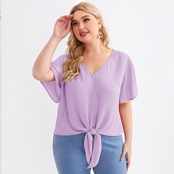 

Plus Butterfly Sleeve Knot Hem Top, Lilac purple
