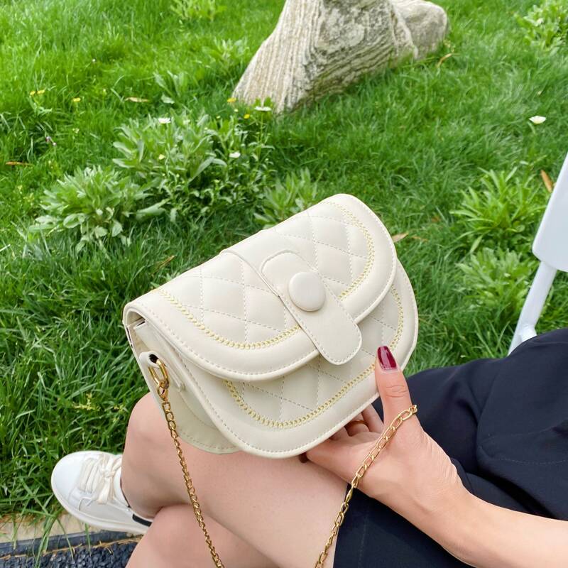 

Quilted Chain Crossbody Bag, Beige