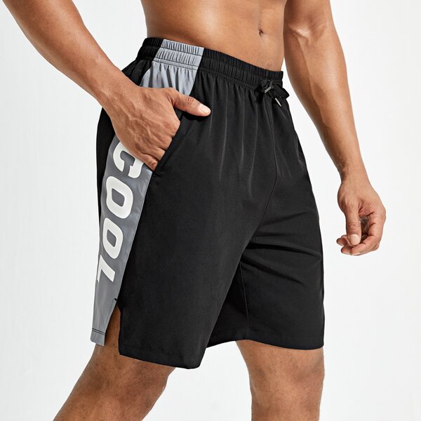 

Men Contrast Panel Letter Graphic Sports Shorts, Black