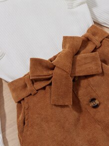 SHEIN Young Girl Ribbed Knit Ruffle Trim Top & Belted Skirt - Multicolor - View 5