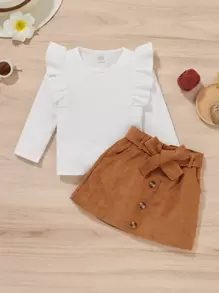 SHEIN Young Girl Ribbed Knit Ruffle Trim Top & Belted Skirt - Multicolor - View 6