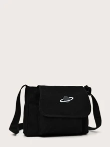 Bolso bandolera con solapa con bordado de planeta - Negro - Ver 3