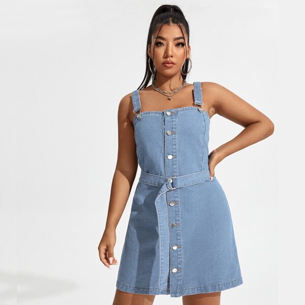 

Plus Button Front Buckle Belted Denim Dress, Light wash