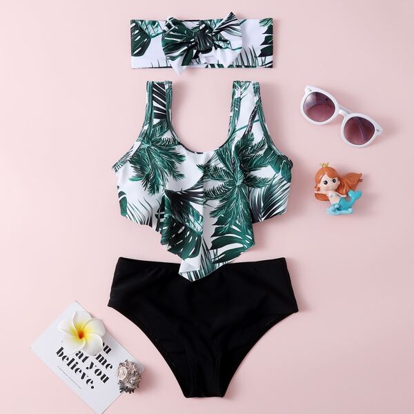 

Toddler Girls Tropical Print Hanky Hem Bikini Swimsuit & Headband, Black