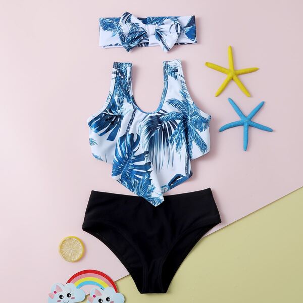 

Toddler Girls Tropical Hanky Hem Bikini Swimsuit & Headband, Blue