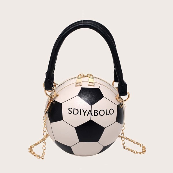 

Soccer Design Chain Satchel Bag, Black and white