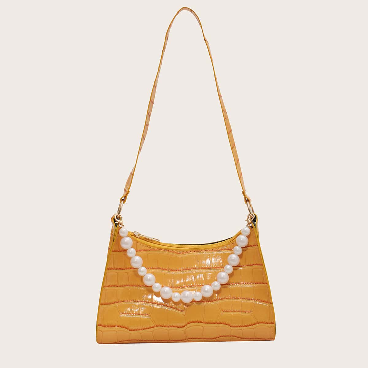 

Faux Pearl Decor Croc Embossed Shoulder Bag, Yellow