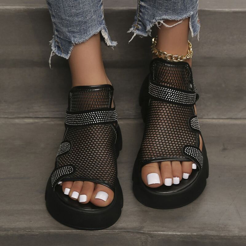 

Rhinestone Detail Mesh Sport Sandals, Black