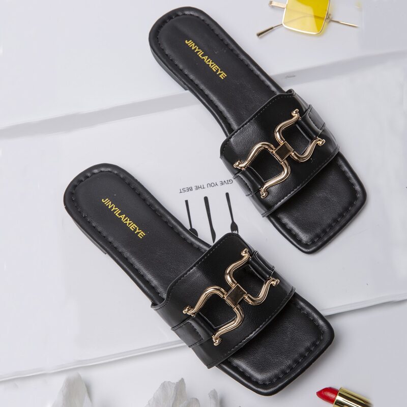 

Metal Decor Cut Out Slide Sandals, Black