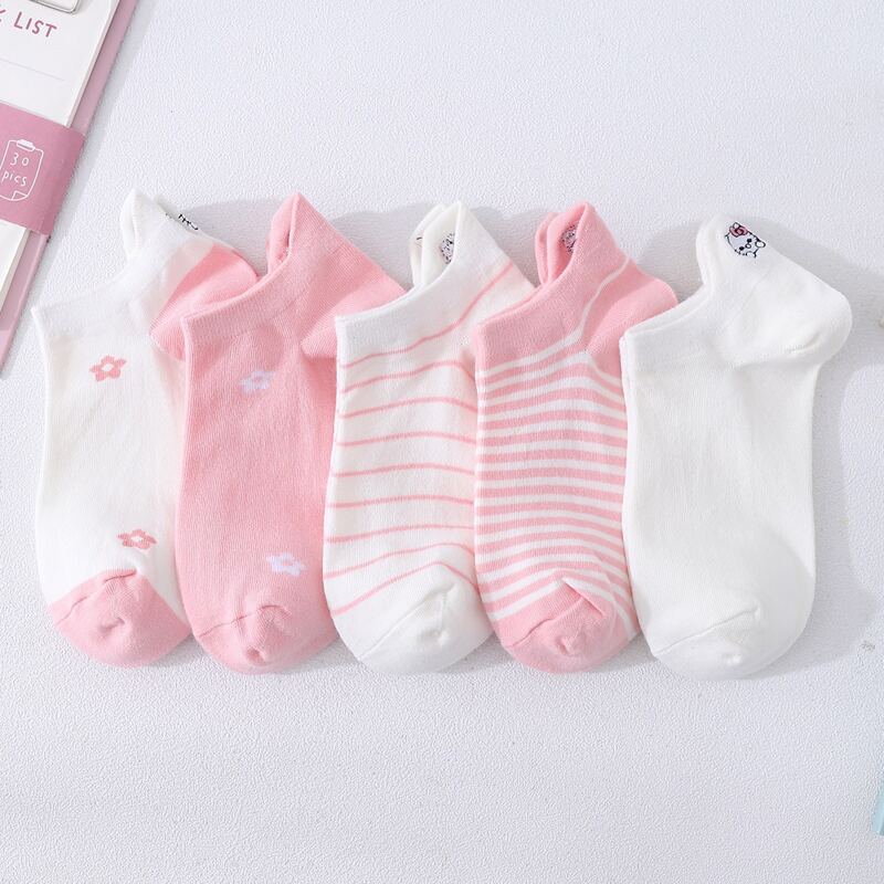 

5pairs Flower & Striped Ankle Socks, Multicolor