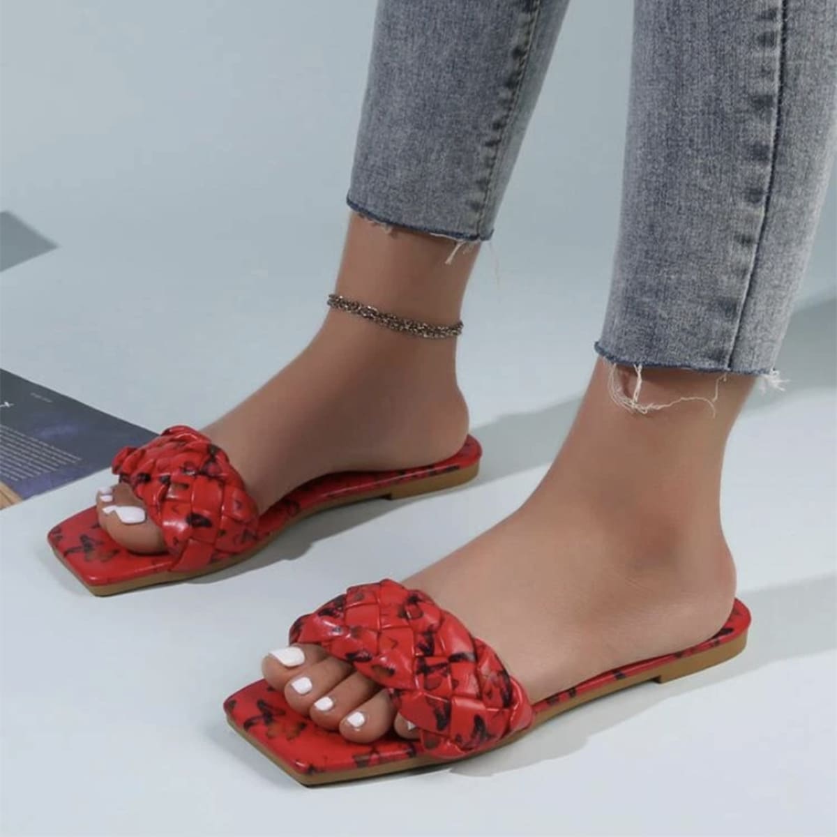 

Butterfly Print Braided Slide Sandals, Red