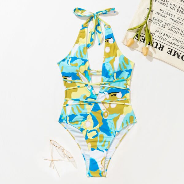 

Allover Print Plunging One Piece Swimsuit, Multicolor