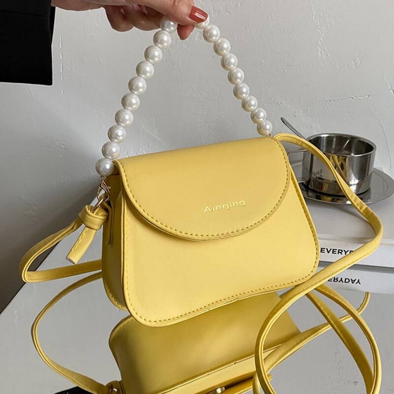 

Faux Pearl Handle Flap Satchel Bag, Yellow