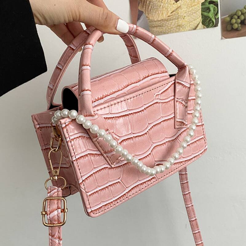 

Faux Pearl Decor Croc Embossed Satchel Bag, Pink