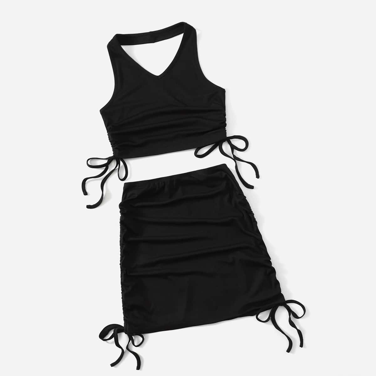 

Solid Drawstring Ruched Halter Top & Skirt, Black