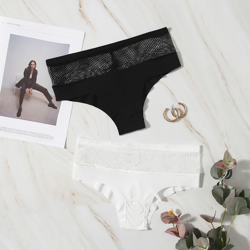 

2pack Contrast Fishnet No Show Panty, Black and white