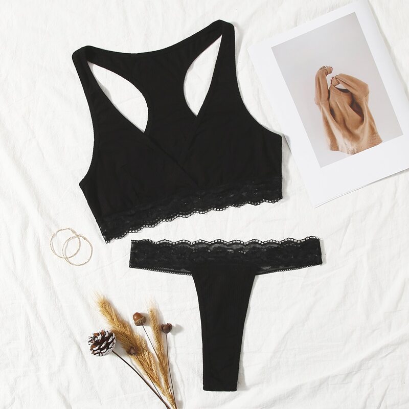 

Lace Trim Lingerie Set, Black