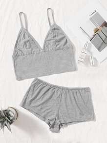 Plain Rib Bra & Panty Lingerie Set - Grey - View 1