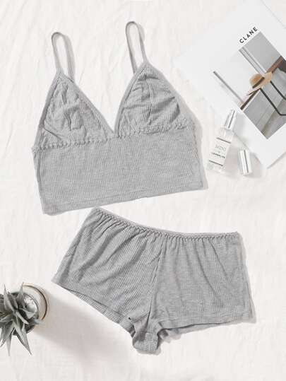 SHEIN 純色羅紋胸罩和內褲內衣套裝