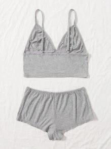 Plain Rib Bra & Panty Lingerie Set - Grey - View 2