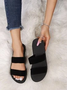Chanclas de dos partes minimalistas negras para mujer, sandalias planas con punta abierta para uso diario - Negro - Ver 2