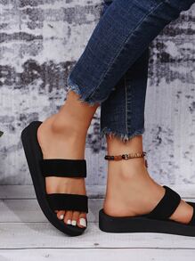 Chanclas de dos partes minimalistas negras para mujer, sandalias planas con punta abierta para uso diario - Negro - Ver 3