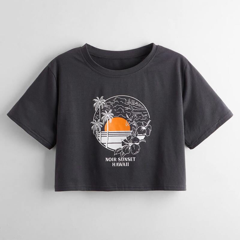 

Letter Tropical Graphic Crop Tee, Dark grey