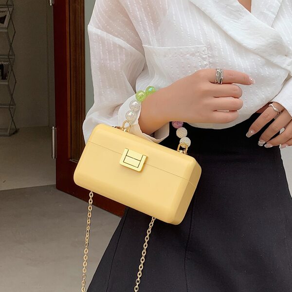 

Metal Lock Beaded Decor Chain Satchel Bag, Yellow