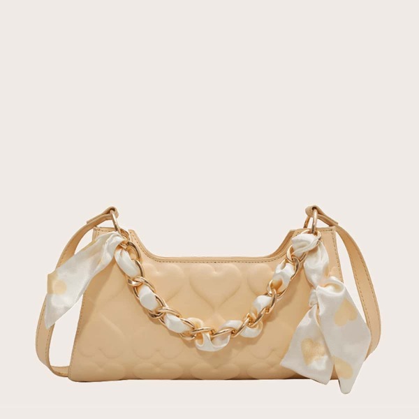 

Scarf Decor Heart Embossed Chain Satchel Bag, Yellow