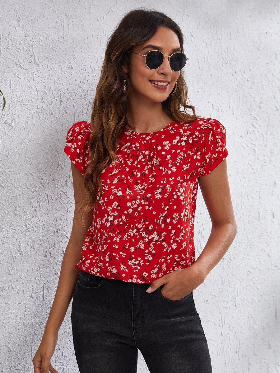 SHEIN LUNE Petal Sleeve Ditsy Floral Top - Red - View 1