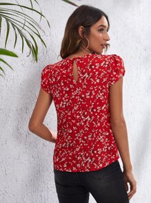 SHEIN LUNE Petal Sleeve Ditsy Floral Top - Red - View 2