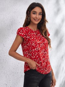 SHEIN LUNE Petal Sleeve Ditsy Floral Top - Red - View 3