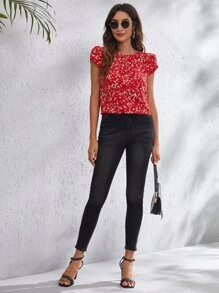 SHEIN LUNE Petal Sleeve Ditsy Floral Top - Red - View 4