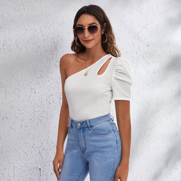 

One Shoulder Cut-out Puff Sleeve Tee, White