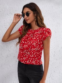 SHEIN LUNE Petal Sleeve Ditsy Floral Top - Red - View 5