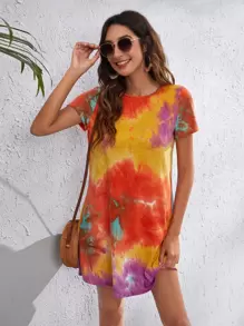 SHEIN VCAY 紮染T恤連衣裙 - 彩色 - 查看 1