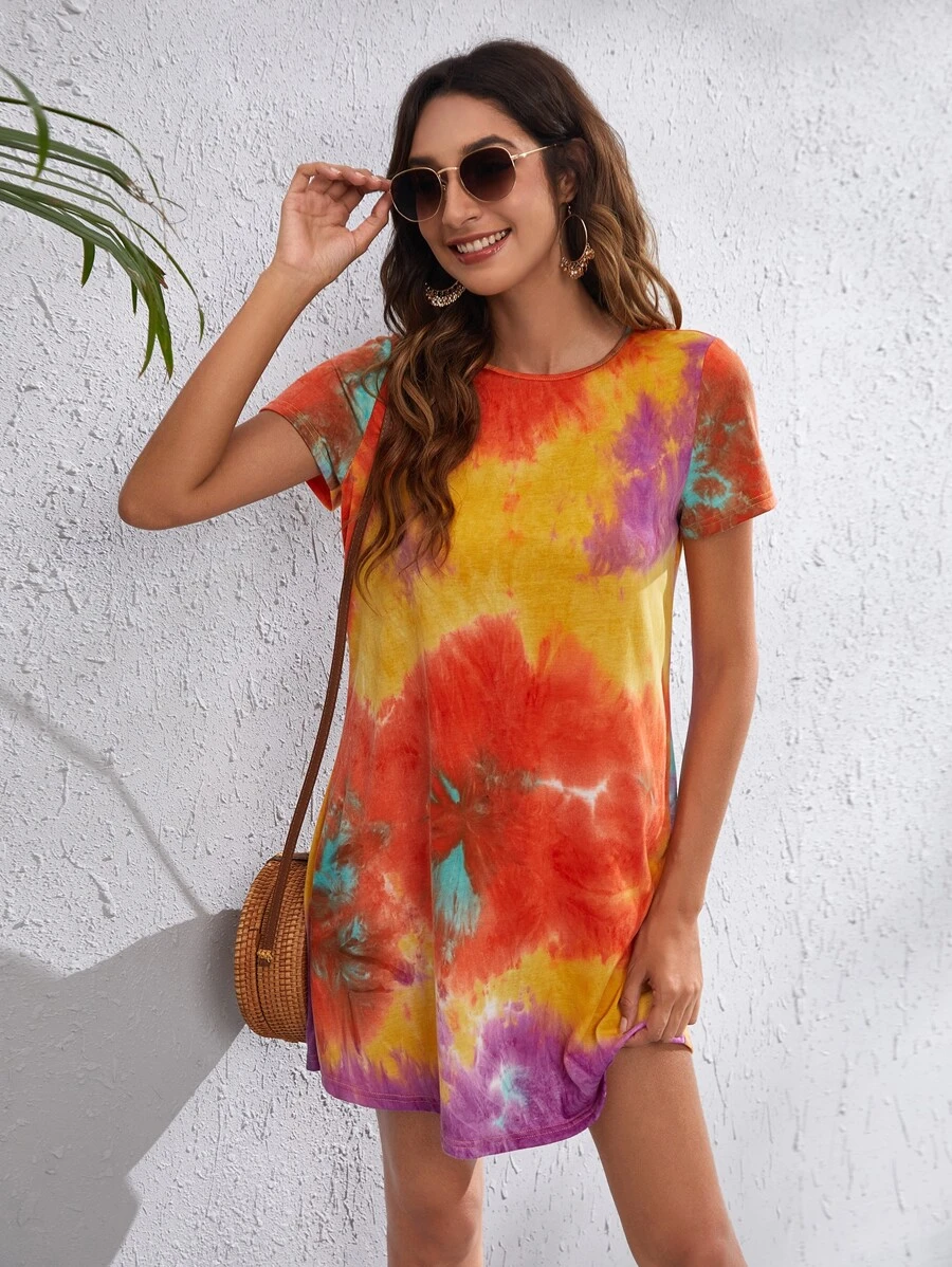 SHEIN VCAY 紮染T恤連衣裙 - 彩色 - 查看 1