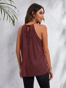 SHEIN LUNE Solid Cutout Detail Tie Back Halter Top - Burgundy - View 3