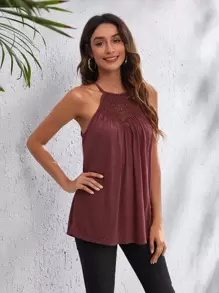 SHEIN LUNE Solid Cutout Detail Tie Back Halter Top - Burgundy - View 5
