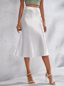 SHEIN BAE Zipper Side Solid Satin Skirt - White - View 1