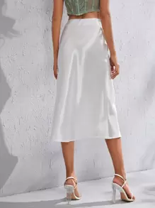 SHEIN BAE Zipper Side Solid Satin Skirt - White - View 2